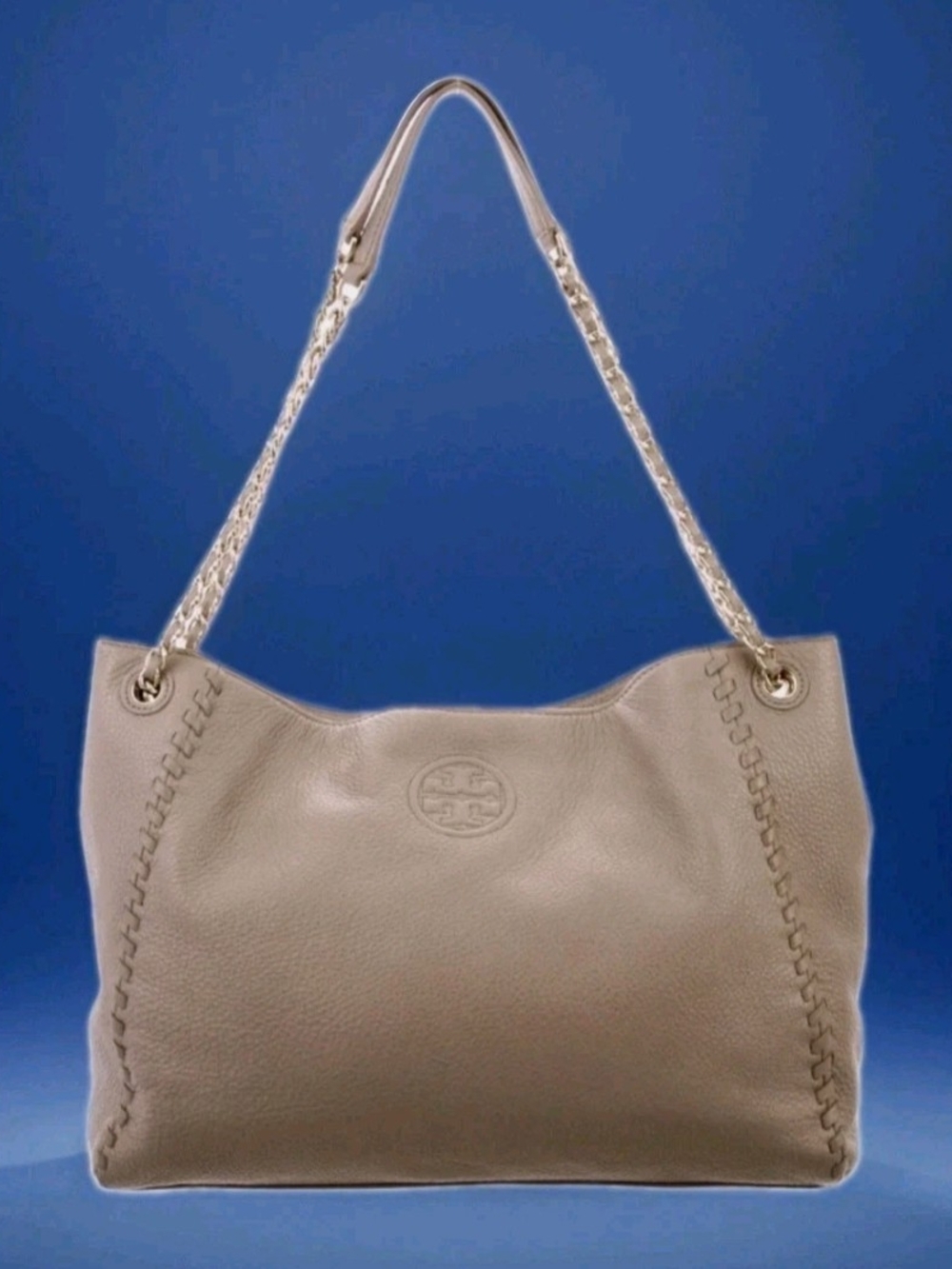 Marion-French Gray Pebbled Leather Embossed Logo Adjustable Chain Whipstitch